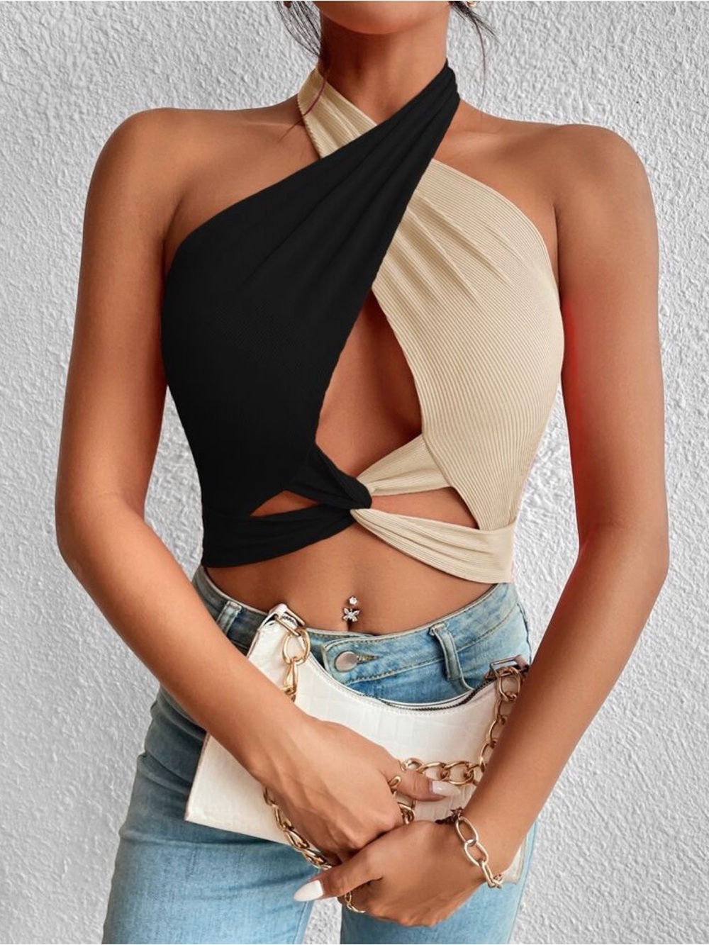 Two-Tone Black and Beige Halter Twist Crop Top